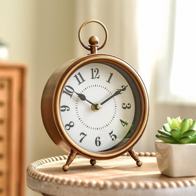EMAX HOME Vintage Small Table Clock on Stand, Decorative Desk and Shelf Clock Farmhouse Mantel Non-Ticking Clock Rustic Metal Frame with Antique Gold Finish 9.3 Inch
