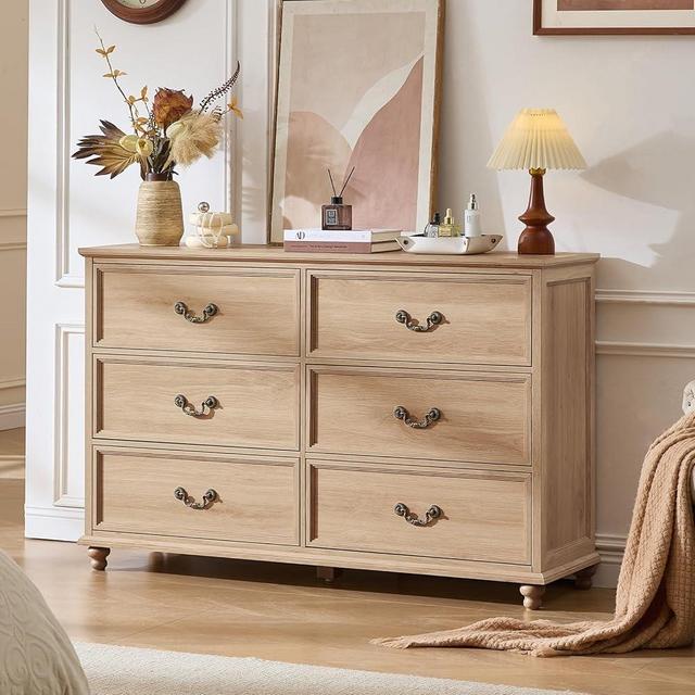 Joaxswe Farmhouse 6 Drawers Dresser for Bedroom, Vintage 54" Wide Chest of Drawers w/ 4 Wooden Legs, Rustic Large Closet Storage Dressers Organizer for Hallway, Wood TV Stand for Living Room, Natural