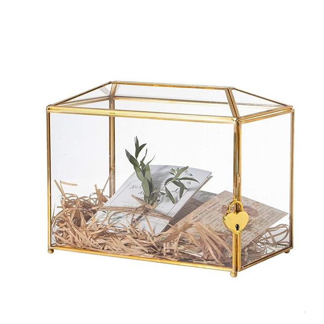 Large Geometric Glass Card Box Terrarium with Slot and Heart Lock, Foot, Gold, Handmade, Brass,for Wedding Receiption, Wishwell, Keepsake Centerpiece, Glass Box and Lock Only