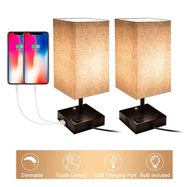 Touch Control Dimmable Table Lamp with 2 USB Charging Ports and 2 AC Outlets, Set of 2, Bedside Nightstand Lamp with Flaxen Fabric Shade Ideal for Bedroom Living Room Office, E26 LED Bulb Included