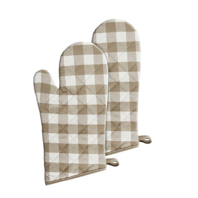 Kate Aurora 2 Pack Gingham Plaid Checkered Gingham Country Farmhouse Oven Mitts - 17 in. W x 17 in. L, Linen