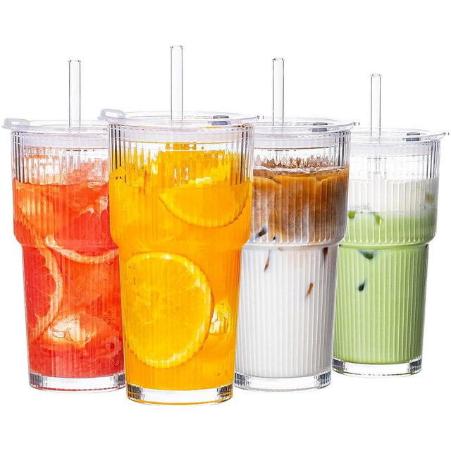 VA1KENE Glass Cups with Lids and Straws 4 Pack, 20oz Ribbed Glass Cups, Leak Resistant Iced Coffee Tumblers, Thick Reusable Drinking Glasses, Fits Car Cup Holder, Clear Coffee Bar Accessories