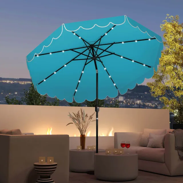 Costway 9.3 FT Solar Patio Umbrella Outdoor Market Sunshade with 24 LED Lights Ruffles Turquoise