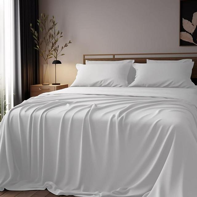 JSELF Bamboo Sheets Queen Size Bed Sheets 4-Piece Set, 100% Organic Bamboo Fiber 400 Thread Count Percale, Luxuriously Soft for Bed, Cooling & Breathable Double Stitching, 16” Deep(Queen, White)