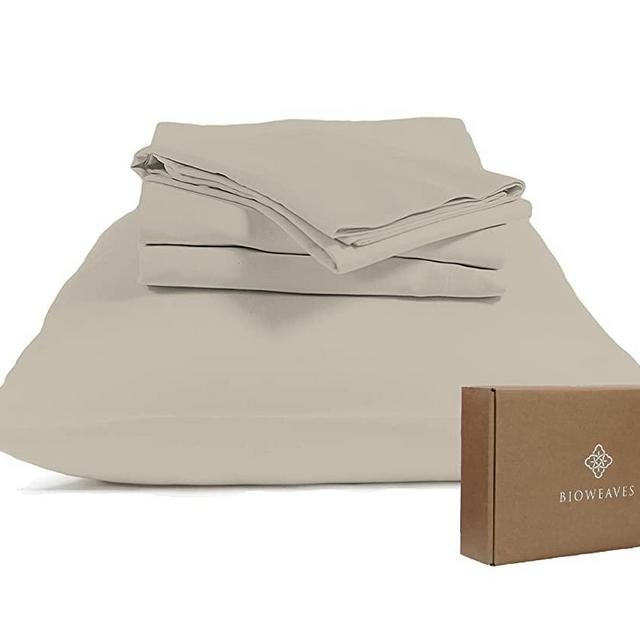 BIOWEAVES 100% Organic Cotton Sheets, 300 Thread Count 4-Piece GOTS Certified Bed Sheet Set Fits Mattress Upto 17" Deep Pocket, Soft & Silky Sateen Weave (King, Sand)
