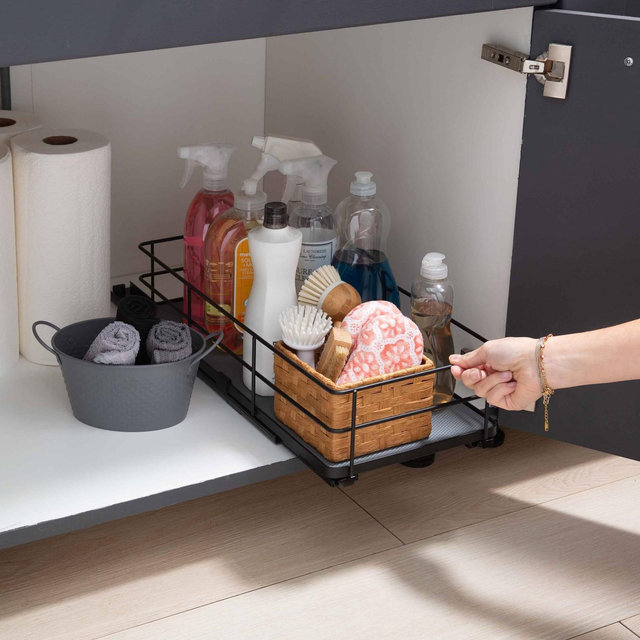 Organize It All 9"x19.7" Slide Out Shelf Organizer: Steel Kitchen Cabinet Storage, Black, 4.5" Height, 12.13 lbs