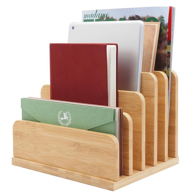Deefielly Desk File Mail Organizer Countertop, 5 slots Bamboo Folder Sorter Organizer Holder for Letter, Envelope, Paper, Bill Filing, Desktop Tray Organizer for Office & Home