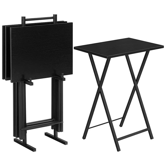HOOBRO Folding TV Tray Tables, Set of 4 TV Trays with Storage Rack, Industrial Side Table for Eating at Couch, Foldable Snack Table for Small Space, Easy Assembly, Black BK50BZ01