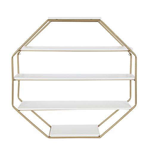 Kate and Laurel Lintz Octagon Floating Wall Shelves with Metal Frame, White/Gold