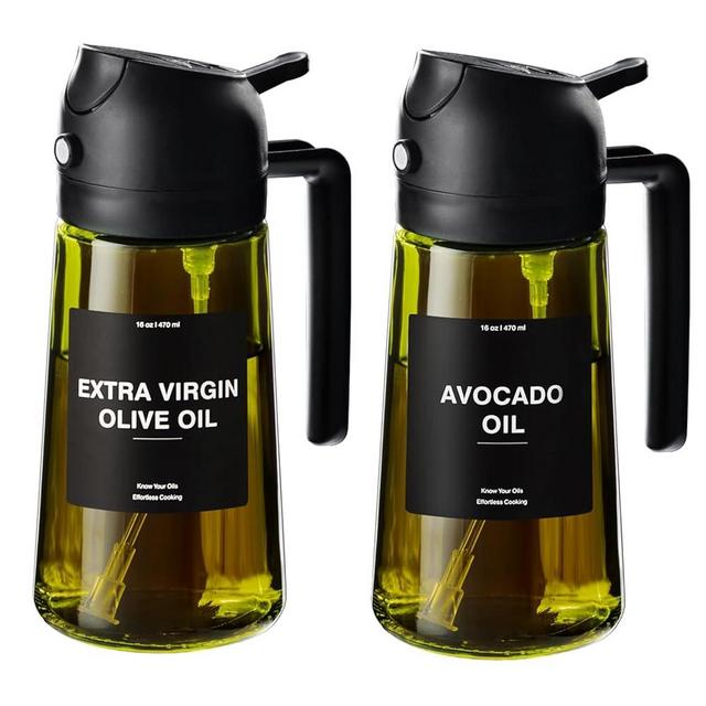 CXINYI - 16oz/470ml Olive Oil Dispenser for Kitchen with Stickers - 2 in 1 Olive Oil Sprayer for Cooking, Air Fryer, and Salad, 2 Black (Light-Proof Kitchen Gadget)