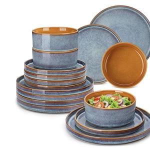 vancasso Onion Stoneware Dinner Sets for 8 People, 24-Piece Mediterranean Style Reactive Glaze Ceramic Plates and Bowls Set Crockery Sets, Blue Caramel