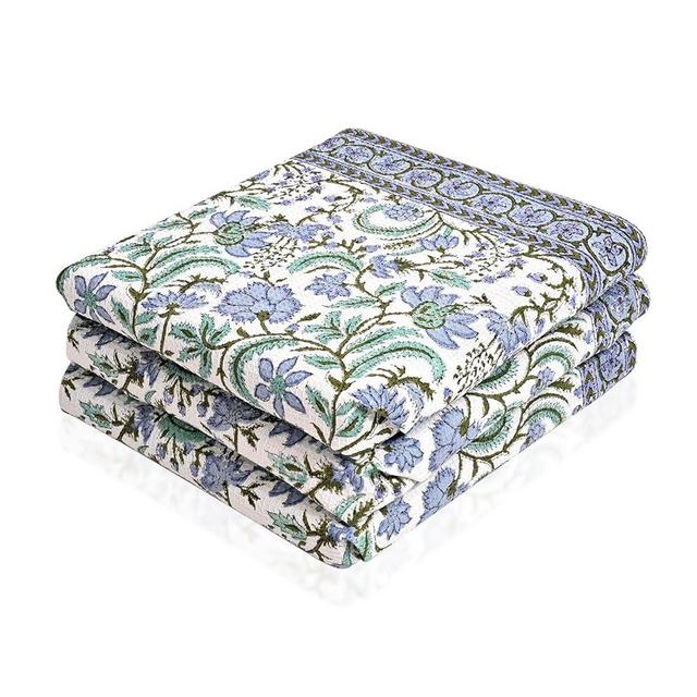 Ridhi Columbia Blue Hand Block Print Waffle Kitchen Towel Set of 3-16 x28 Ultra Absorbent Quick Dry 100% Cotton Dish Towels Lightweight Reusable Sustainable Tea Towels for Cleaning and Drying