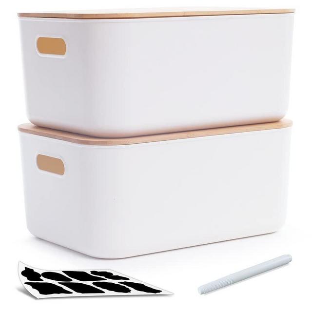 Citylife 2 PCS Storage Bins with Bamboo Lids Plastic Storage Containers for Organizing Stackable Storage Box with Handle, 14.33 x 10.16 x 6.3 inch
