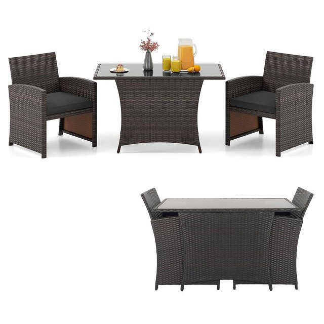 Tangkula 3 Piece Patio Wicker Dining Set, 2 Rattan Chairs with Rectangle Tempered Glass Dining Table, Outdoor Conversation Set with Cushions for Backyard, Porch, Poolside