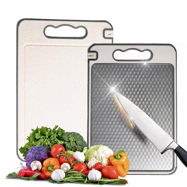 Stainless Steel Cutting Board for Kitchen - Double-Sided Scratch-Resistant Metal & Wheat Straw Chopping Board with Built-in Knife Sharpener, Juice Grooves, and Handle