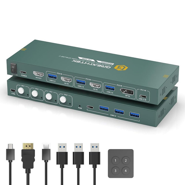 GREATHTEK 4K@60HZ HDMI Displayport USB C KVM Switch 4 Computers 1 Monitor | 4 Port KVM Switch Shares Keyboard and Mouse Between PC/Laptops|4 USB 3.0 Ports|EDID Adaptive|Wired Remote Controller