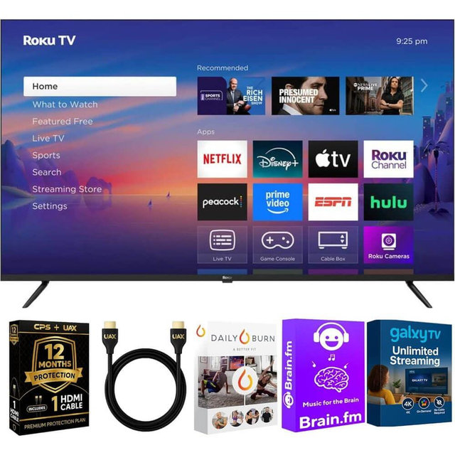 Roku 75-Inch Select Series 4K UHD Smart TV - HDR, Dolby Audio, Compatible with Alexa, Voice Remote, Bluetooth Mode, w/AUX HDMI Cable, CPS 1-Year Protection Plan + Streaming