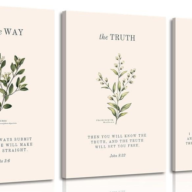 3Pcs Christian Bible Canvas Wall art Religious Verse Painting Picture Wall Decor Proverbs 3:6 John 14:6 Vintage Botanical Poster Print Artwork for Bedroom Living Room Study Home Decoration Neutral Beige Faith Gifts