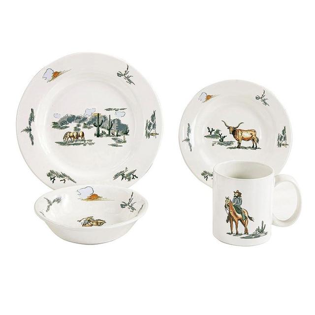 Paseo Road by HiEnd Accents | Ranch Life 16 Piece Ceramic Western Dinnerware Set with Plates, Bowls, Coffee Mugs, Duffle Bag, Cow Longhorn Horse Cowboy Pattern, Southwestern Rustic Cabin Lodge Style