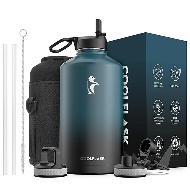 128 oz Water Bottle Insulated with Straw&3 Lids, Coolflask Gallon Water Jug Large Stainless Steel Metal Vacuum Wide Mouth for Sports, Gym or Office, BPA-Free Keep Cold 48H Hot 24H, Samurai Cyan