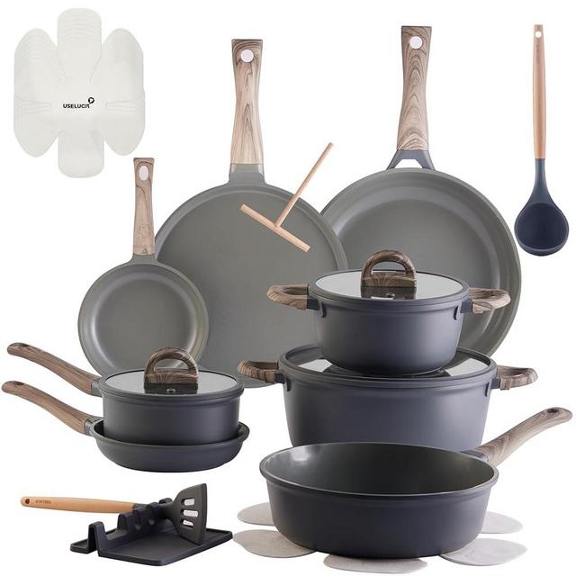 22Pcs Pots and Pans Set Non Stick Non-Toxic Ceramic Cookware Sets Nonstick Kitchen Pot&Pan With Lid Cream Gray Granite Induction Compatible with Glass Lids 10" Griddles Frying Pan PFOA/PFOS-Free