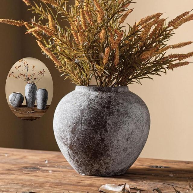 Lvases Rustic Distressed Large Ceramic Vase, Terracotta Pottery Tall Decorative Vases, Concrete Vases Clay Stone Antique Big Vase for Home Decor (Round 8.6 in X 8 in)