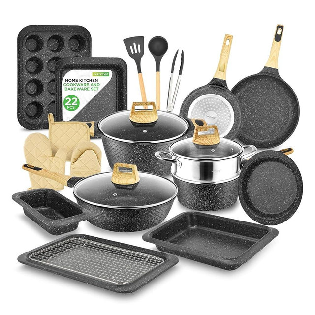 NutriChef 22-Piece Black Marble Non-Stick Cookware and Bakeware Set - Professional Home Kitchen Collection with Multi-Sized Pots, Pans, and Heat-Resistant Tools