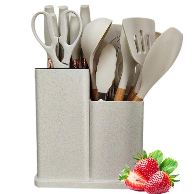 19 Pieces Kitchen Utensils and Knife Set with Block, with 9 Piece Silicone Cooking Utensils Set 5 Piece Sharp Stainless Steel Chef Knife Scissors Whisk Tongs and Cutting Board (Khaki)