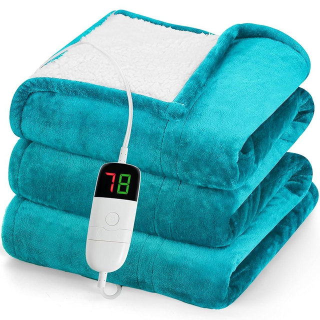 greenoak Heated Blanket Electric Throw 50"X60", Heating Blanket with 10 Heat Levels 1/2/4/6/8 Hours Auto-Off Overheat Protection, Flannel Sherpa Soft Warm Heater, ETL Certified Lake Blue