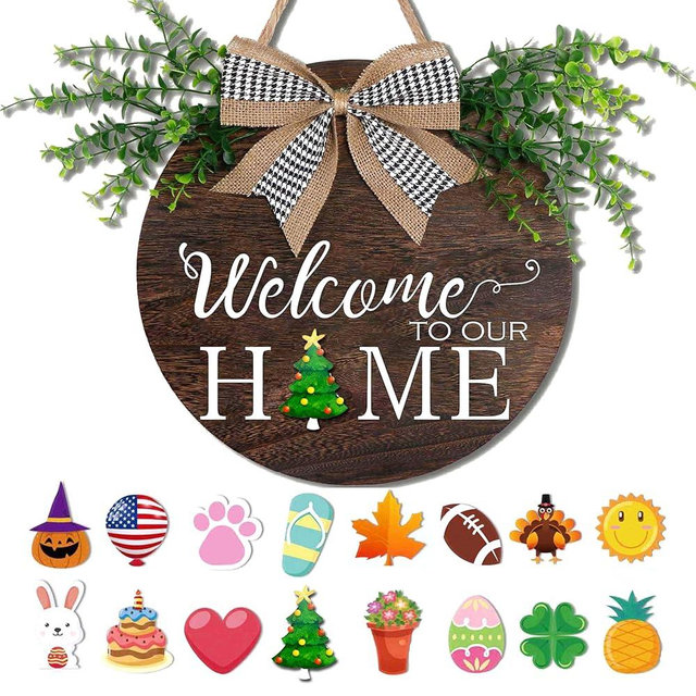 Yonuni Interchangeable Welcome to Our Home Sign, Equipped with 16 Replaceable Icons, Farmhouse Front Door Signs Wooden Wreath Suitable for All Seasons Holiday Halloween Christmas (12x12 Inch)