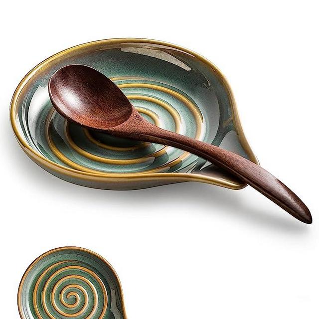 Spoon Rest for Stove Top Spoon Holder for Countertop, Cooking Spoon Holder with Handle for Easy Hold and Transport, Farmhouse Decor, Utensil Rest for Spoons, Ladles, Tongs, Spatula, Blue and Green
