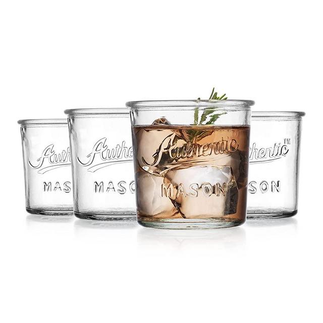 Glaver's Drinking Glasses – Set of 4 Authentic Mason Vintage Glassware – 12 Oz. Clear Glass Tumblers for Cocktails, Water, Juice – Embossed Vintage Drinking Glasses.