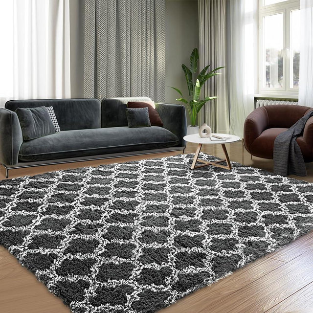 Puremy Area Rugs 8x10, Shag Rugs for Living Room, High Pile Fluffy Carpet for Bedroom, Kids Room, Nursery, Home Decor, Geometric, Dark Grey/White