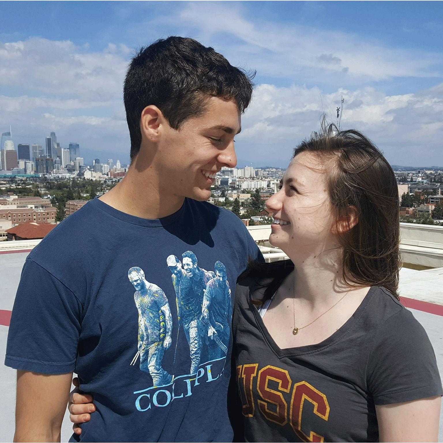 A photo from the first scavenger hunt for Sara in 2017. This photo was taken on the rooftop of a building at USC, and happens to be where we first held hands!
