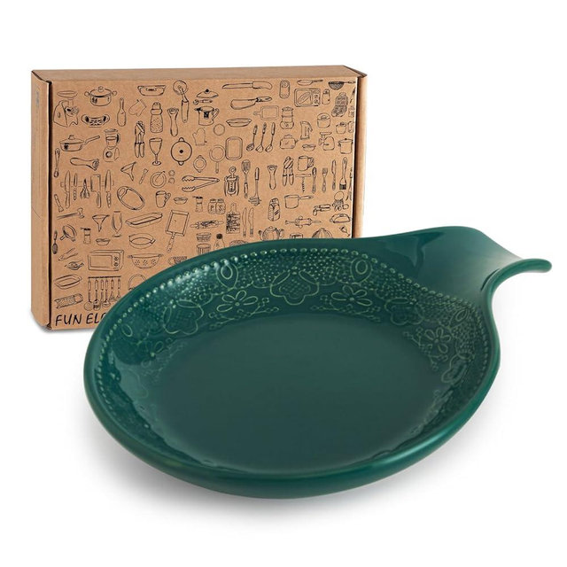 FE FUN ELEME SpoonHolder, Ceramic Spoon Rest for Kitchen Countertop, Large Lace Embossed Kitchen Spoon Rest for Stovetop, Ceramic Spoon Rest for Kitchen Countertop, 5.5inch Utensil Tray (greener)