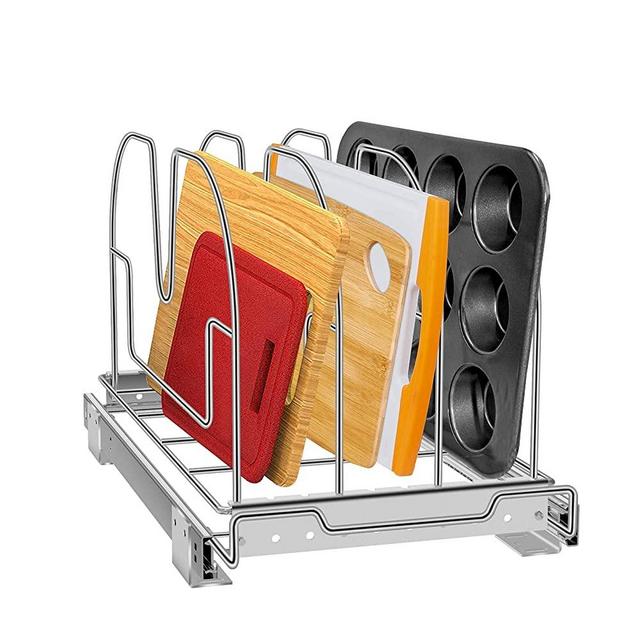 Pull Out Organizer for Cookie Sheet, Cutting Board, Bakeware,Tray, Tksrn Adjustable Cabinet Organizers and Storage for Kitchen Pantry Cabinets, 9.25"W x 16.9"D x 10"H, Chrome