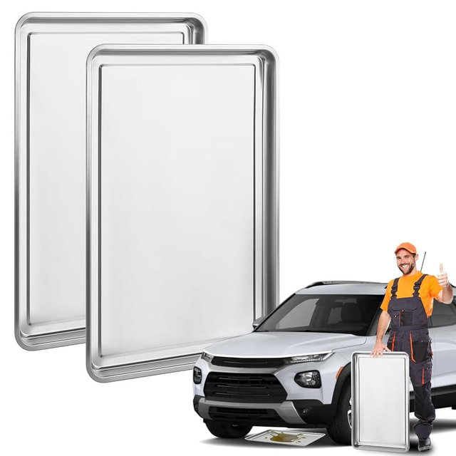Teodute 2Pcs Stainless Steel Oil Drain Drip Pan for Under Car, 35.4 x 24 x 1.9'' Metal Oil Drain Pan, No Splatter Large Drip Tray Oil Catch Pan Replacement Tray for Keep Garage Floor Clean