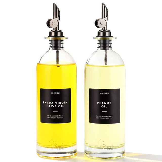 Moilmoli Oil and Vinegar Dispenser with Metal Pour Spout, Weighted Pourer, Glass Bottle Dispenser for Kitchen, Olive Oil Cruet, Glass Olive Olive Bottle | Set of 2 - Black…