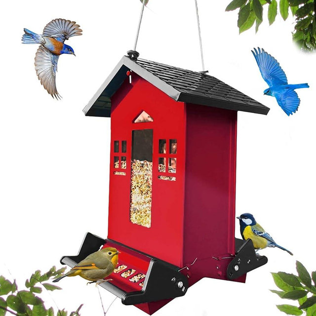 Bird Feeder Squirrel Proof for Outdoors:Red Metal Hanging Birdfeeder,6LBS Large Capacity Bird Seed Feeder for Cardinal,Blue Jay,Wild Birds,Garden (Dark Red)