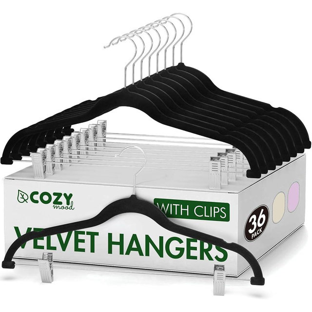 Cozymood Velvet Pant Hangers 36 Packs Ultra Thin Velvet Hangers with Clips Non Slip Velvet Skirt Hangers Space Saving Clothes Hangers with Clips, Velvet Clip Hangers for Pants, Skirts, Jeans (Black)