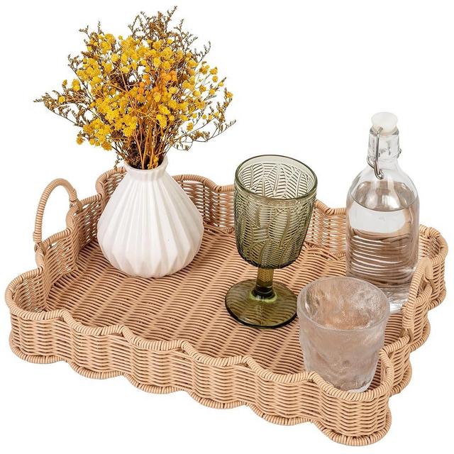 GRANNY SAYS Scalloped Edge Rectangle Wicker Serving Tray, Coffee Table Tray, Serving Trays with Handles, Decorative Tray for Entryway, Coffee Table, Woven Tray for Serving, 15 ¾"×11 ½"×2 ¼"
