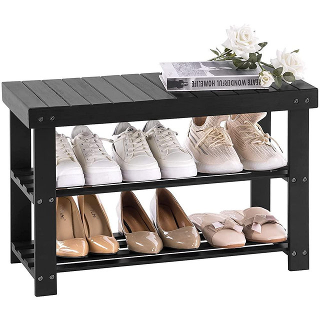 APICIZON Bamboo Shoe Storage Bench for Living Room, Entryway Storage Premium Shoe Organizer or Entryway Bench Black