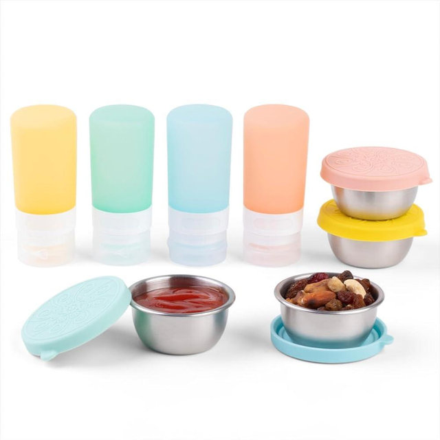 MICEBAY 8-Pack Salad Dressing Container To Go, 2 oz Leakproof Silicone Squeeze Bottles for Sauces, Reusable Small Stainless Steel Condiment Containers with Lids for Lunch Box Travel Picnic – Colorful