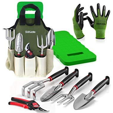 8-Piece Gardening Tool Set-Includes EZ-Cut Pruners, Lightweight Aluminum Hand Tools with Soft Rubber Handles- Trowel, Bamboo Gloves, Garden Tote, High Density Comfort Knee Pad Gardening Gifts Tool Set