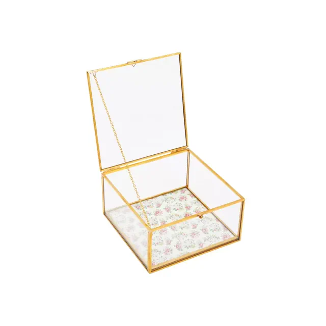Zodaca Small Glass Jewelry Box for Keepsakes, Jewelry Organizer Storage with Gold Metal Frame, Hinge Lid, Clear Vintage Floral Design, 6 x 3 In