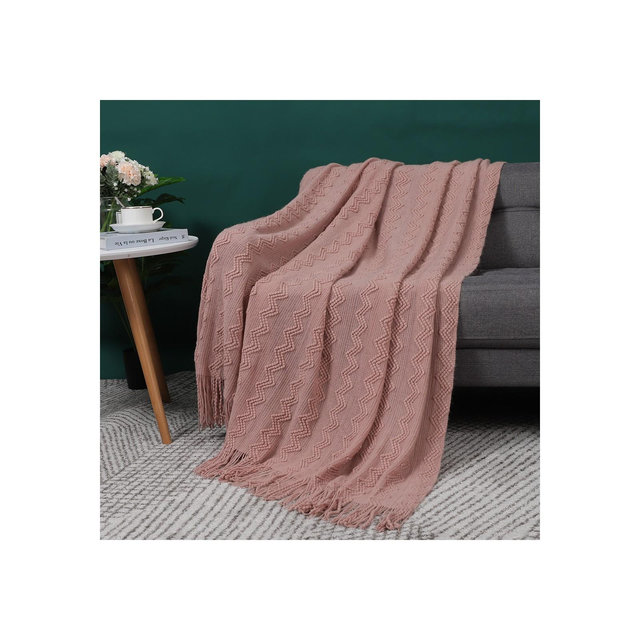 PiccoCasa Wavy Pattern Decorative Knit with Tassels Throw Blanket Pink