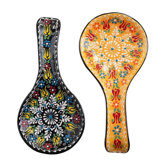 BCS Spoon Rest Set of 2 - Ceramic Spoon Holder for Stovetop & Kitchen Counter - Dishwasher Safe Handmade Kitchen Utensil (Black-Yellow 4.5” W x 9" L)