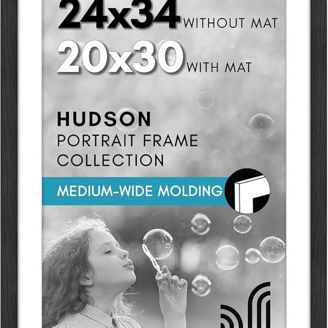 Americanflat 24x34 Poster Frame with Polished Plexiglass - Use as 20x30 Frame with Mat or 24x34 Frame Without Mat - Hudson Collection - Wide Picture Frame for Wall display - Black