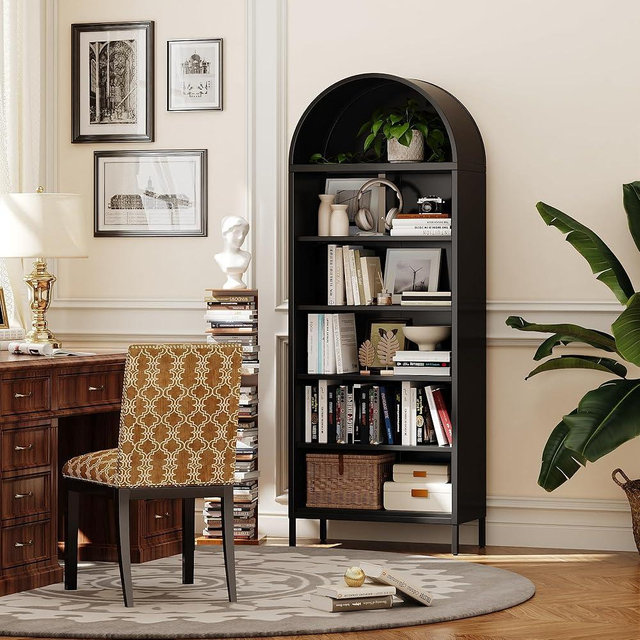 VEXPOR 73" Tall Arched Bookcase Cabinet, 6-Tiers Metal Black Arched Bookshelf for Home Office, Living Room, Assembly Required,13.78" D x 27.56" W x 72.83" H