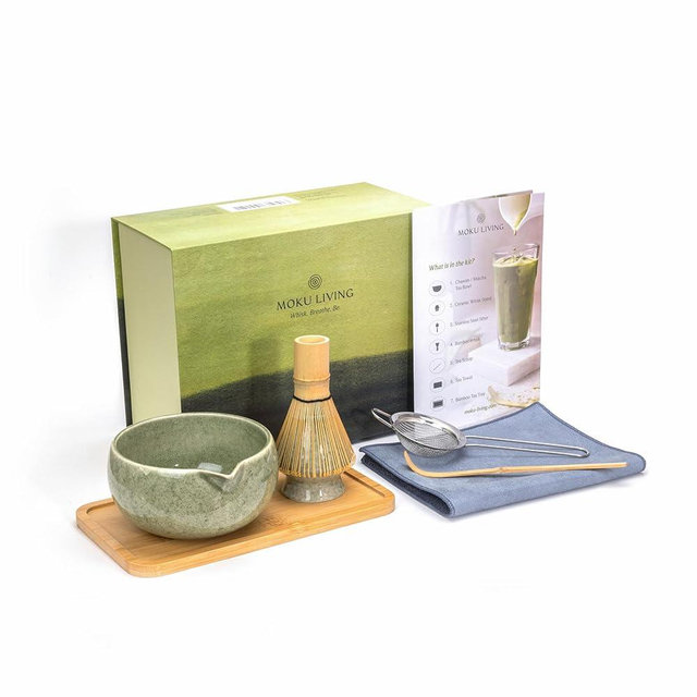 Moku Living Matcha Whisk Set (Mottled Green) - 7-Piece Matcha Kit with Hand-Glazed Ceramic Bowl, Bamboo Whisk & Holder, Scoop, Sifter, Tray & Tea Towel – Perfect Matcha Gift Set for Tea Lovers